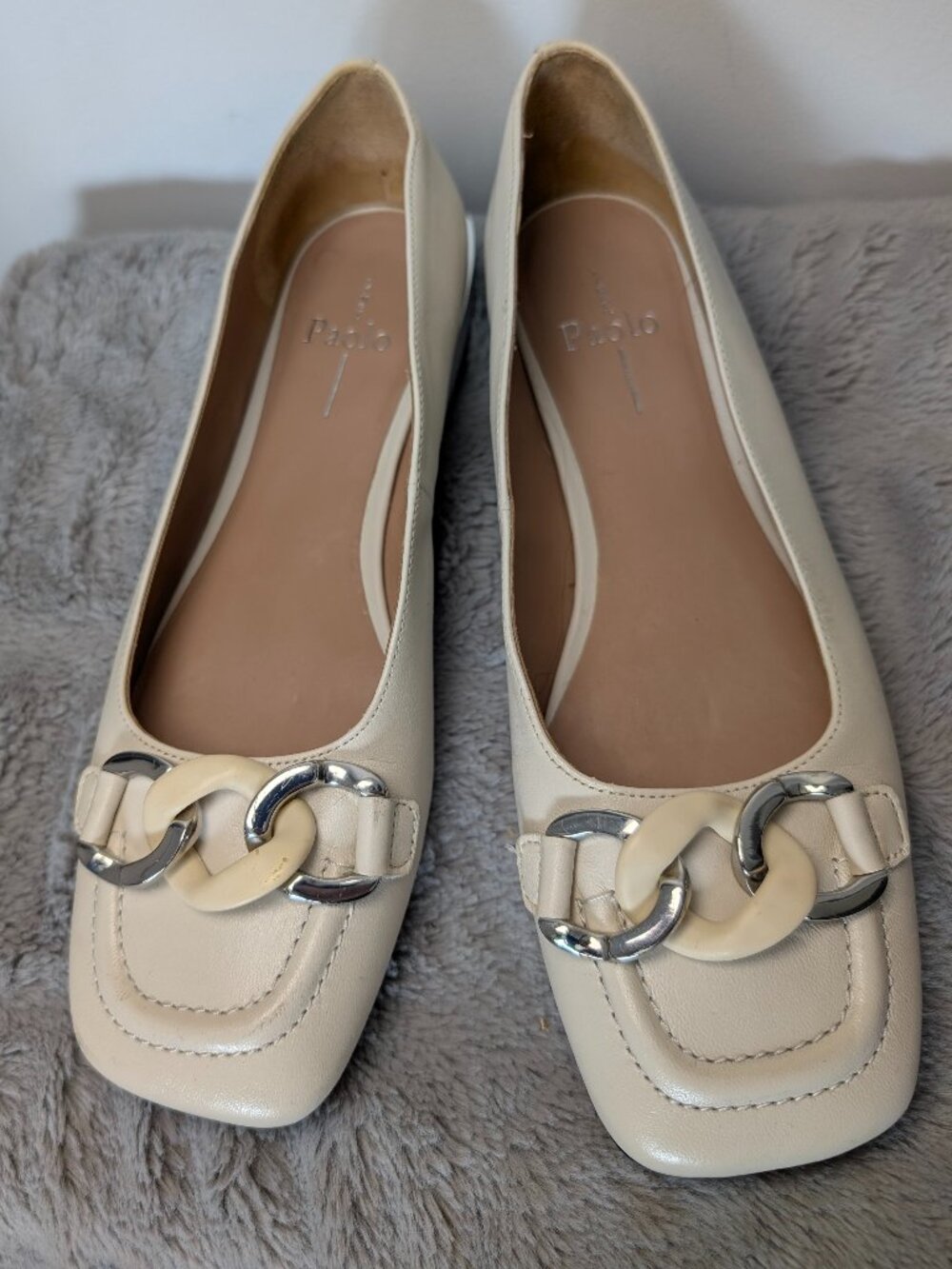 Franco Sarto Paolo Leather Loafers Womens Size 8M Cream Chain Square Toe